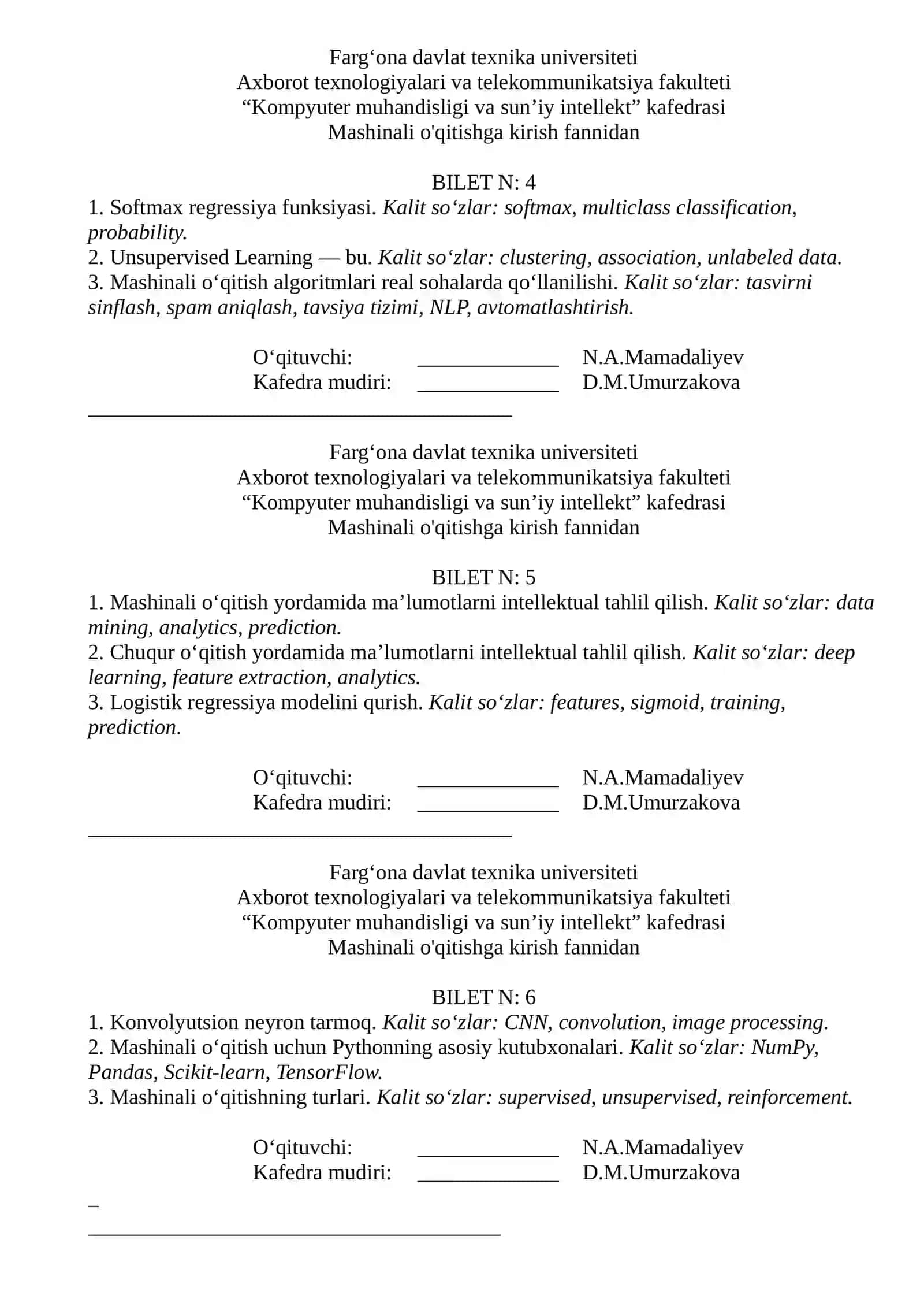 Mashinali o'qitishga kirish fannidan - Bilet N: 1 2