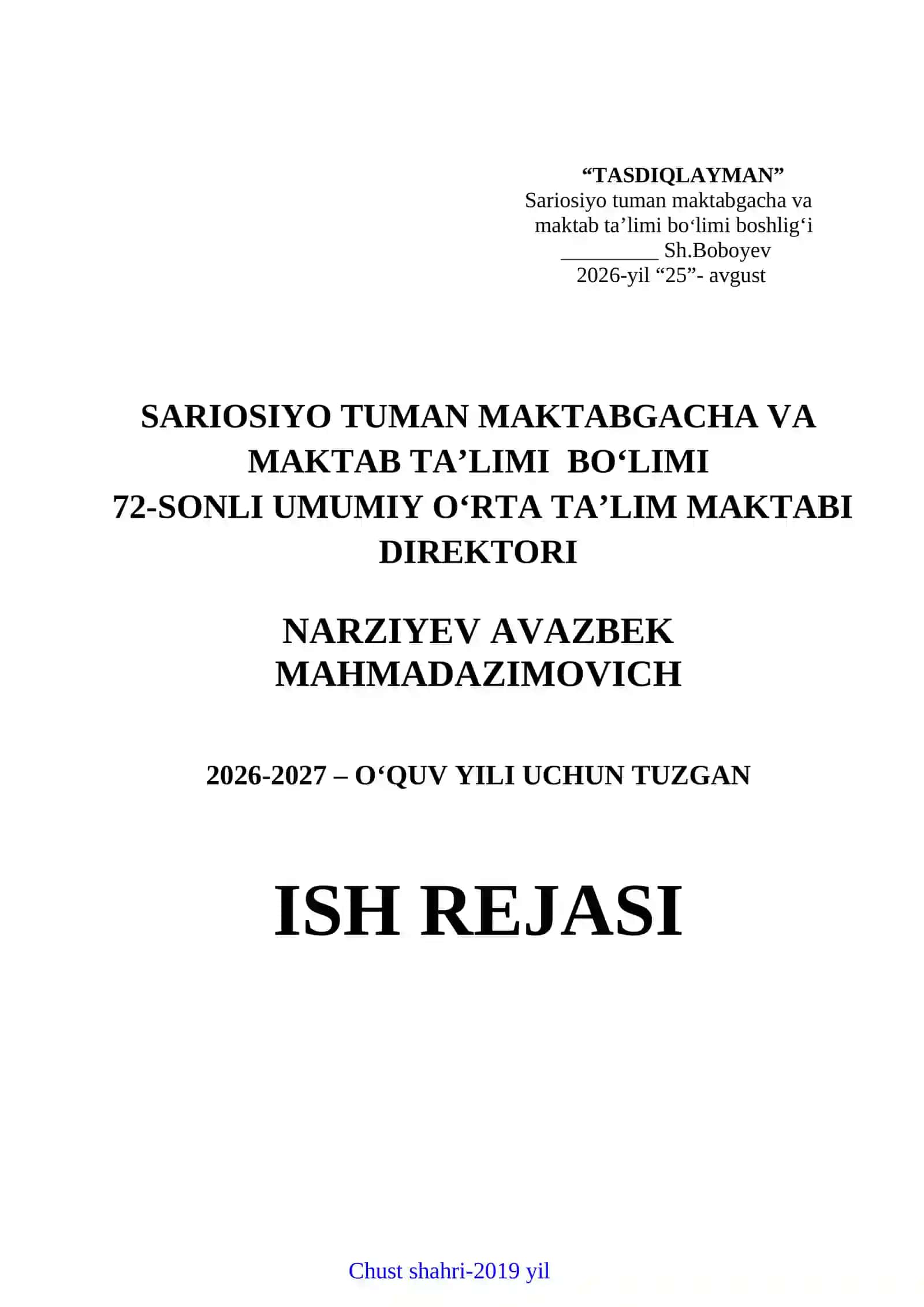 Maktab Direktorining ish rejasi 2026-2027 2