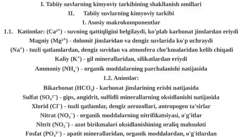 Tabiiy suvlarning kimyoviy tarkibining shakllanishi vasanitar-kimyoviy xossalari 2