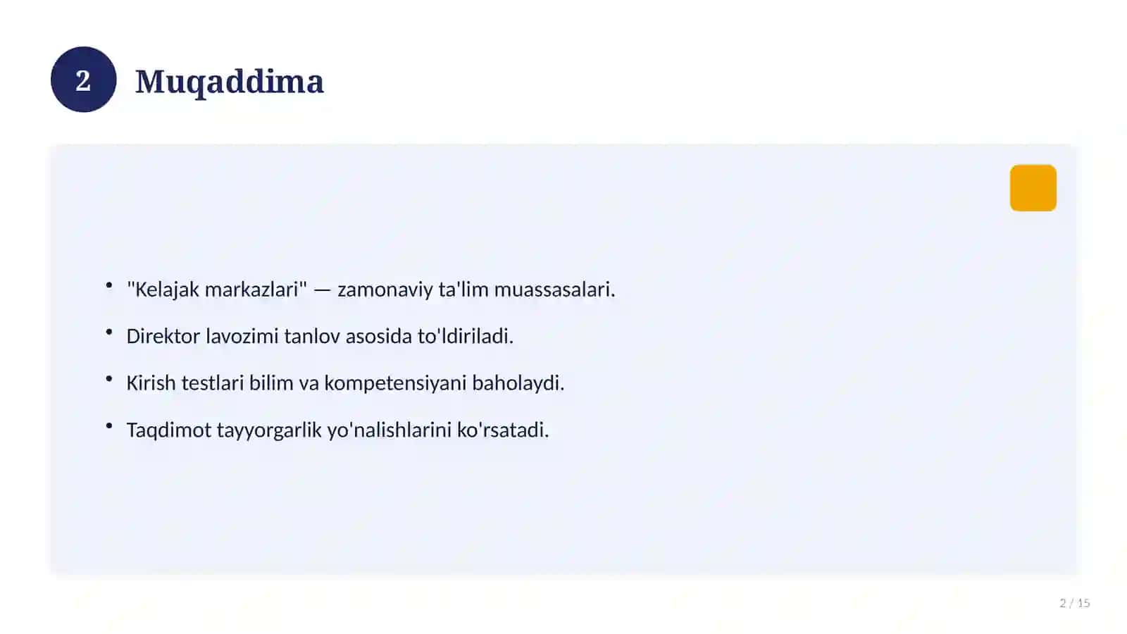 Kelajak markazi direktori lavozimi: kirish testlari 2026 2