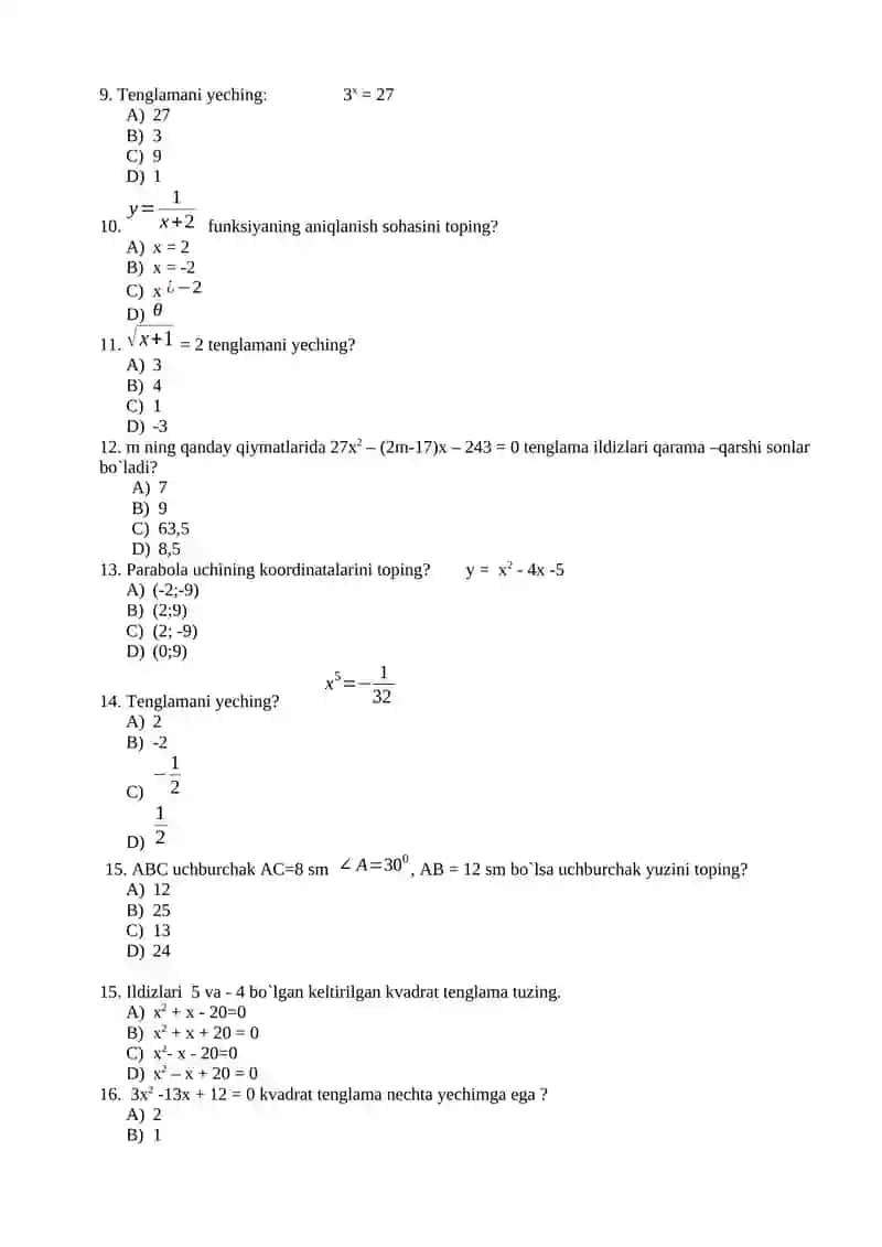 9-sinflar uchun test 2