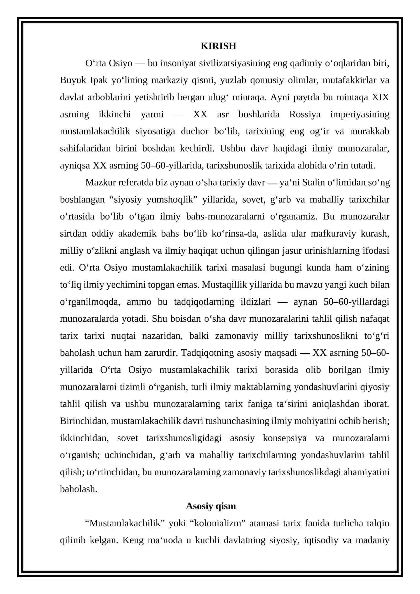 O‘rta Osiyo tarixining mustamlakachilik davri masalasi borasidagi ilmiy munozaralar (XX asrning 50–60 yillarida) 2