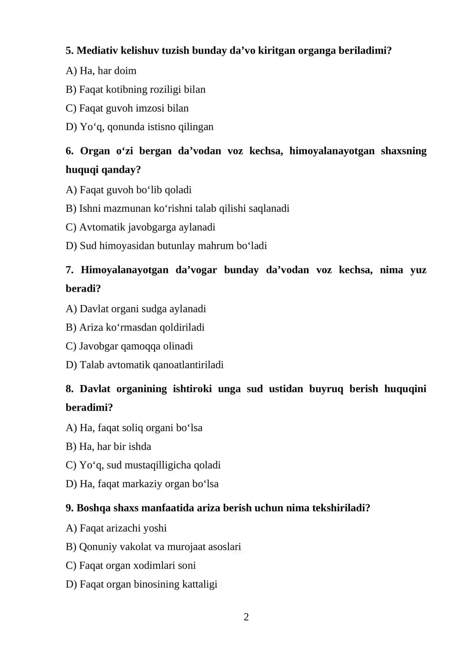 Iqtisodiy protsessida davlat organlari va boshqa shaxslarning ishtiroki TEST. 2