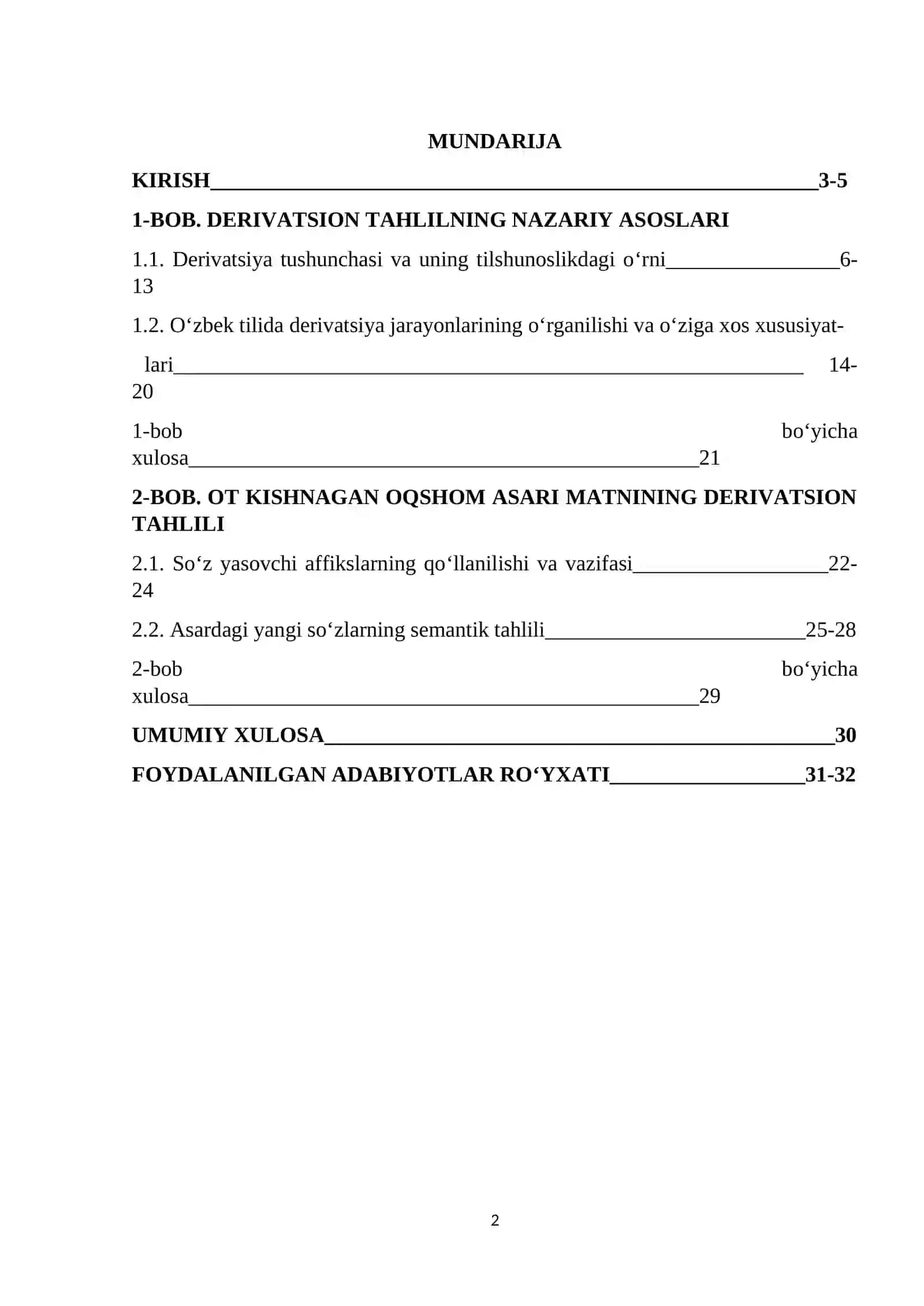 DERIVATSION TAHLIL TO‘G‘AY MURODNING ‘‘OT KISHNAGAN OQSHOM’’ ASARI MISOLIDA 2