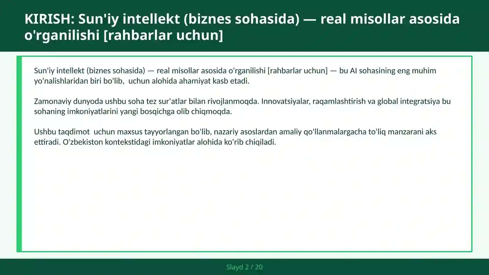 Sun'iy Intellekt (Biznes sohasida) - Real Misollar Asosida O'rganilishi [Rahbarlar Uchun] 2
