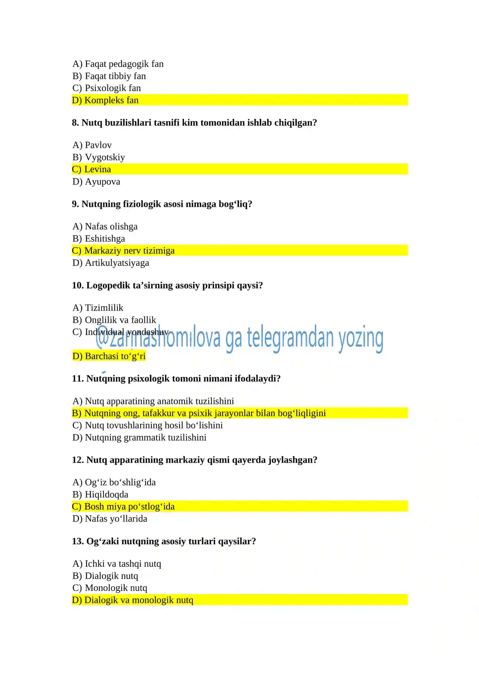 LOGOPEDIYA TEST KITOBI JAVOBLARI BILAN 2026-2027 O’QUV YILI 2