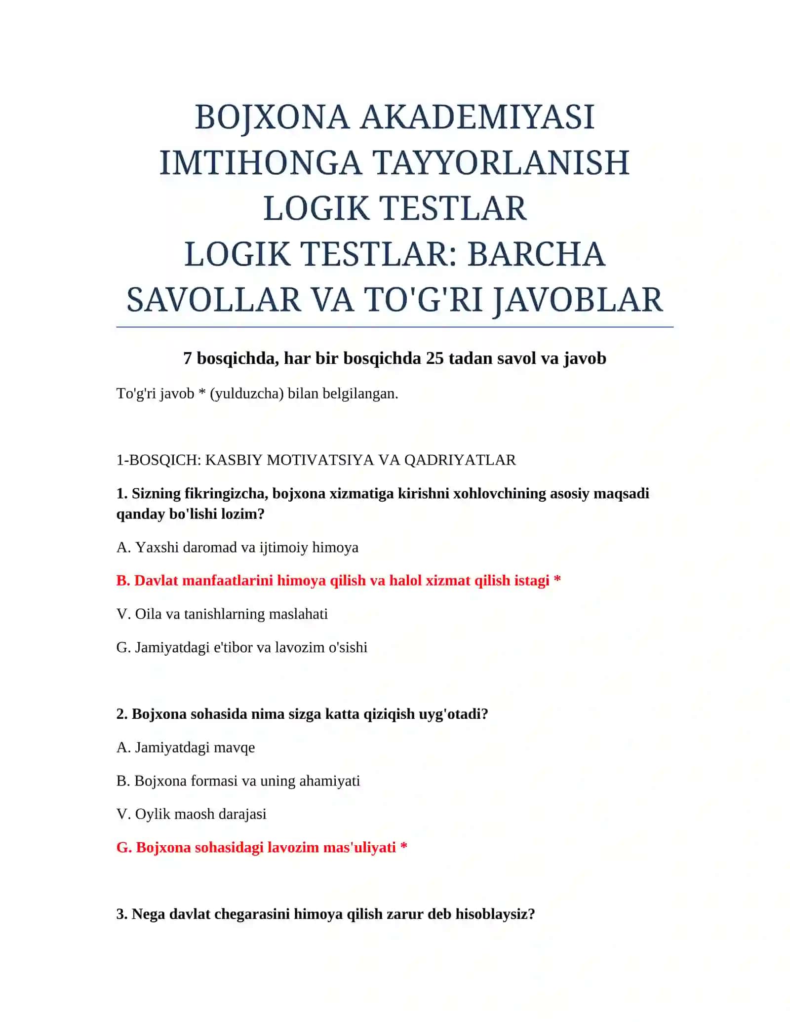 LOGIK TESTLAR: BARCHA SAVOLLAR VA TO'G'RI JAVOBLAR 2