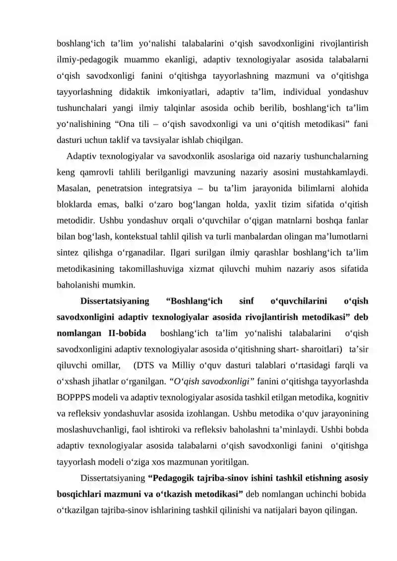 Adaptiv texnologiyalar asosida talabalarni o‘qish savodxonligi fanini o‘qitishga tayyorlash metodikasi 2