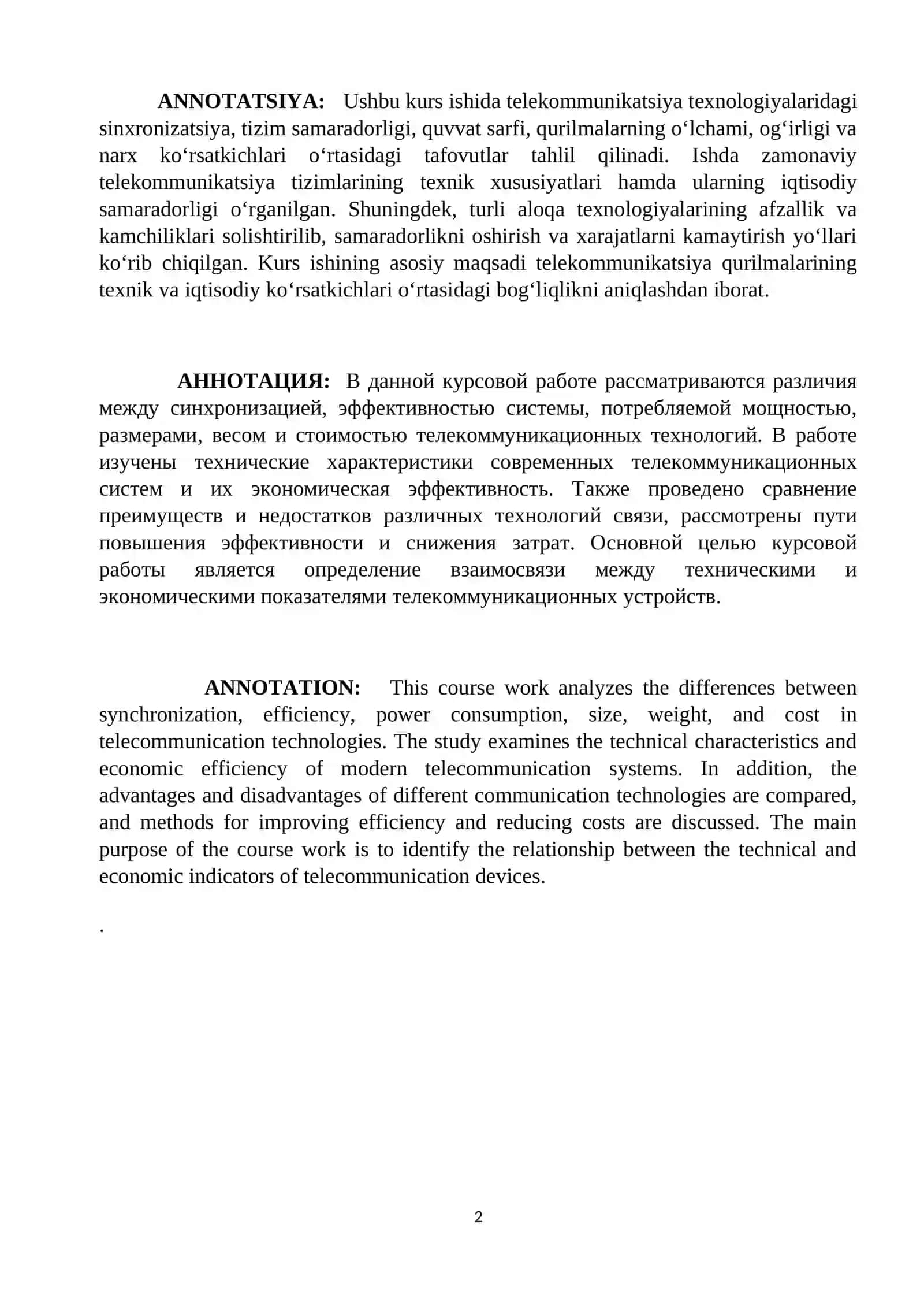 Telekommunikatsiya texnologiyalaridagi sinxronizatsiya, samaradorlik, quvvat, o‘lcham,og‘irlik,narxlarni o‘rtasidagi tafovutlalarni aniqlash 2