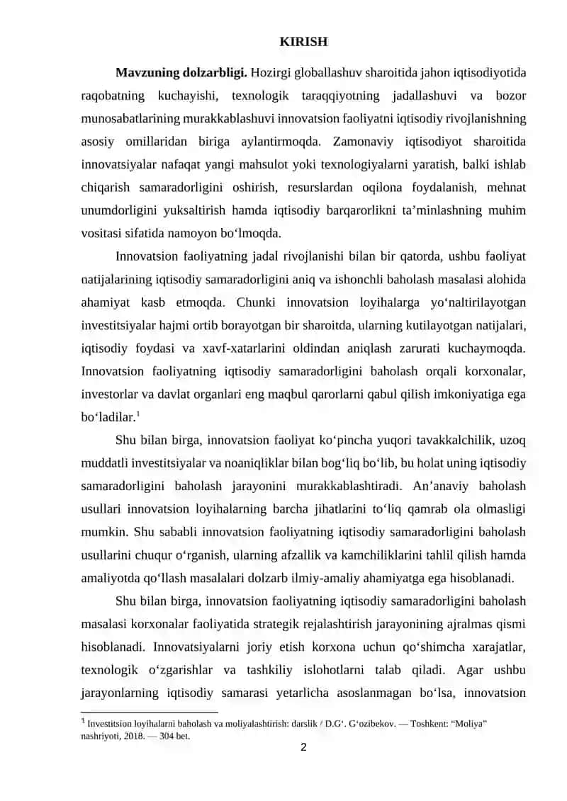 INNOVATSIYA FAOLIYATNING IQTISODIY SAMARADORIGINI BAHOLASH USULLARI 2