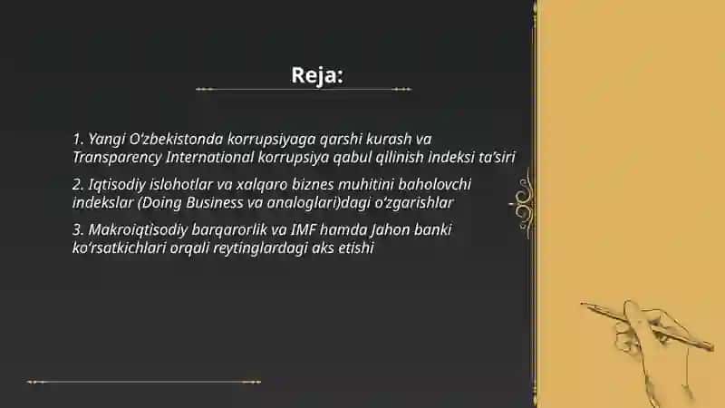 Yangi Oʻzbekistonda korrupsiyaga qarshi kurash va Transparency International korrupsiya qabul qilinish indeksi taʼsiri 2