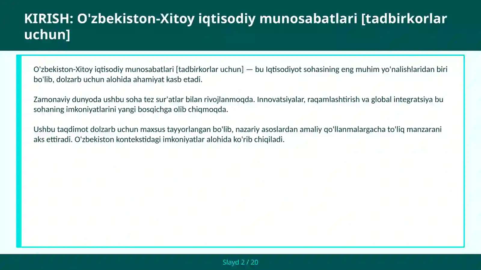 O'zbekiston-Xitoy iqtisodiy munosabatlari [tadbirkorlar uchun] 2