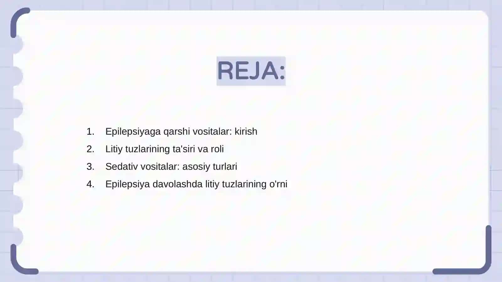 Epilepsiyaga qarshi vositalar. Litiy tuzlari. Sedativ vositalar. 2