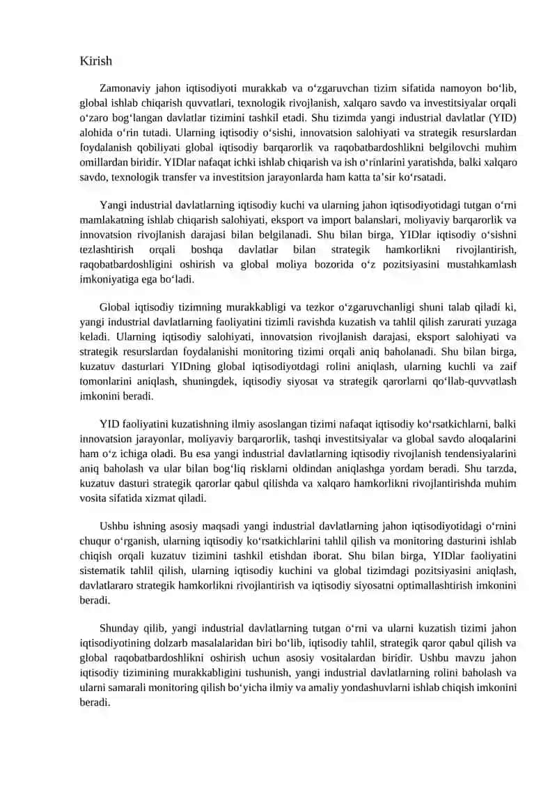 Yangi industrial davlatning iqtisodiy ko‘rsatkichlari va global tizimdagi ta’siri 2