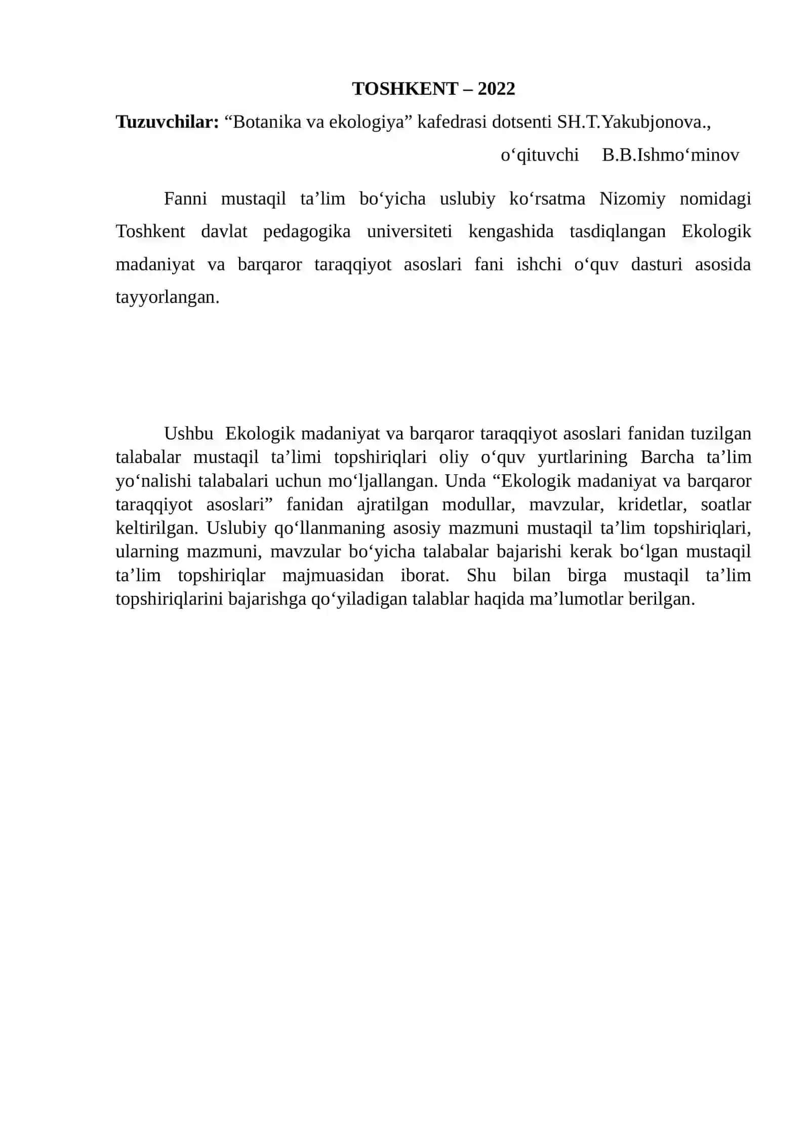 Ekologik madaniyat va barqaror taraqqiyot asoslari fanidan ta'lim korsati 2