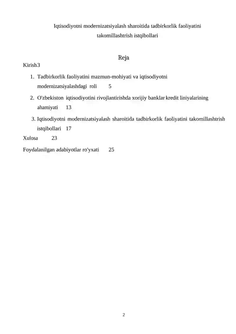 Iqtisodiyotni modernizatsiyalash sharoitida tadbirkorlik faoliyatini takomillashtrish istiqbollari 2