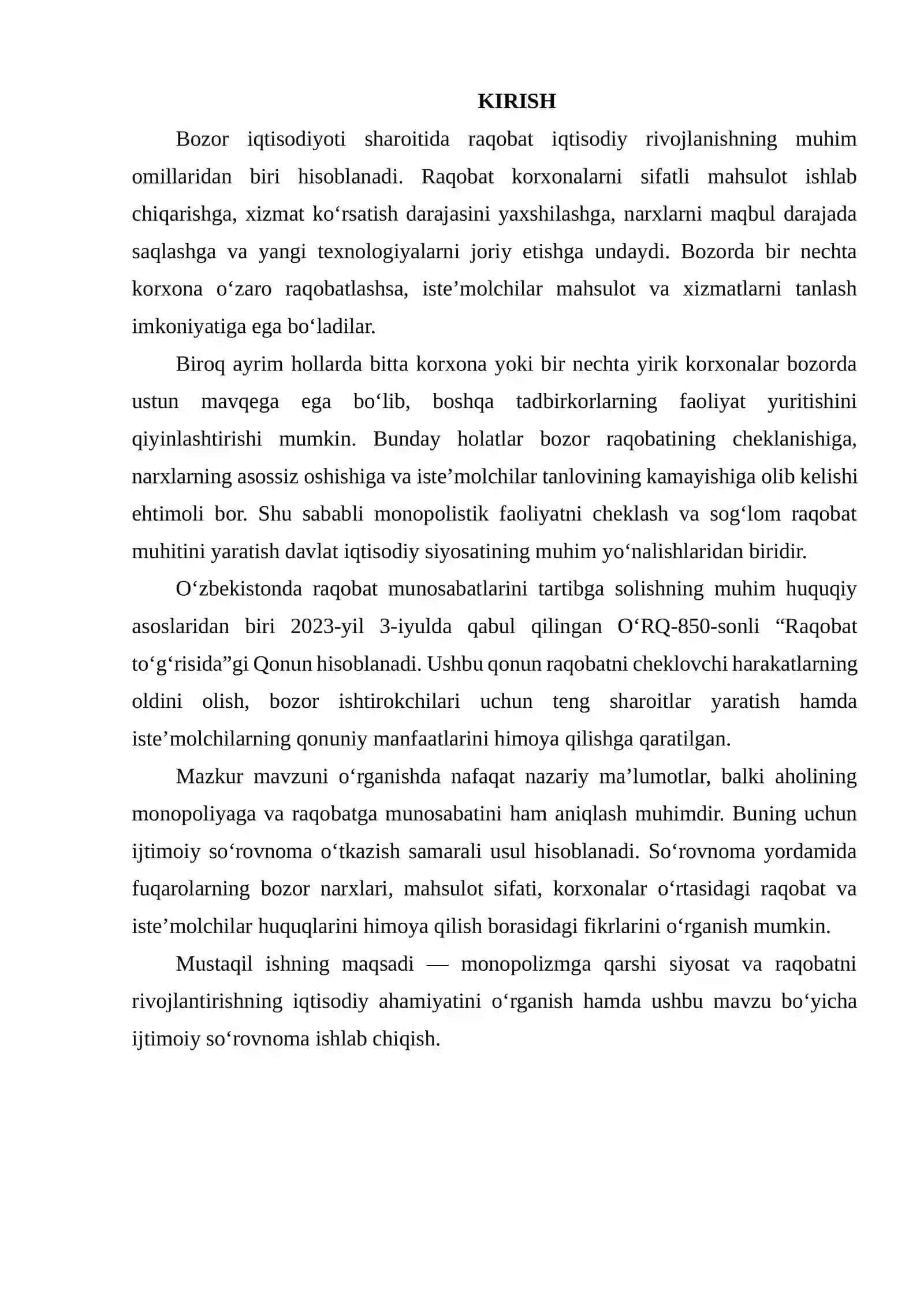 IQTISODIYOTDA MONOPOLIZMGA QARSHI SIYOSAT VA RAQOBATNI RIVOJLANTIRISH MAVZUSIDA IJTIMOIY SO‘ROVNOMA (ANKETA) TUZISH 2
