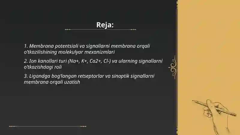 Signallarni membrana orqali oʼtishi. Membranalar buzilishlarini paralogik jarayonnini kelib chiqishidagi oʼrni 2