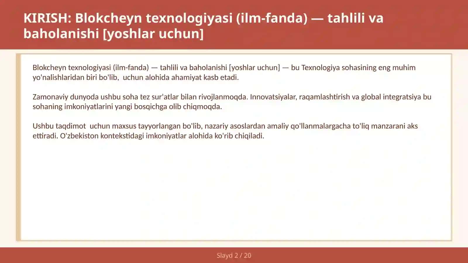 Blokcheyn texnologiyasi (ilm-fanda) — tahlili va baholanishi [yoshlar uchun] 2