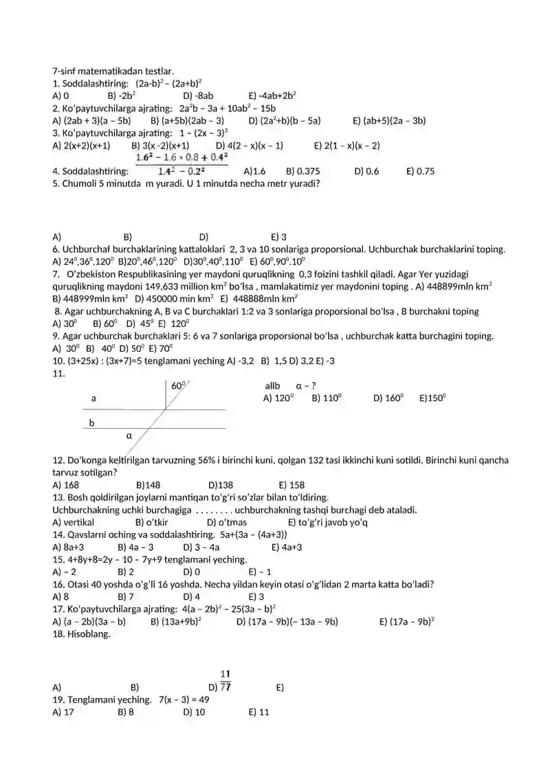 Matematikadan testlar. 7-sinf 2
