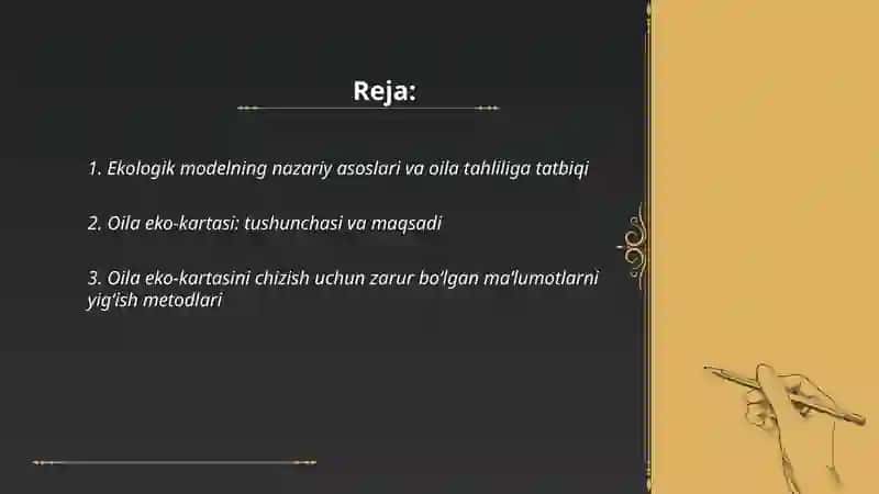 Ekologik modeldan foydalanib oila muammolarini aniqlash, oila eko-kartasini chizish va sharhlash 2