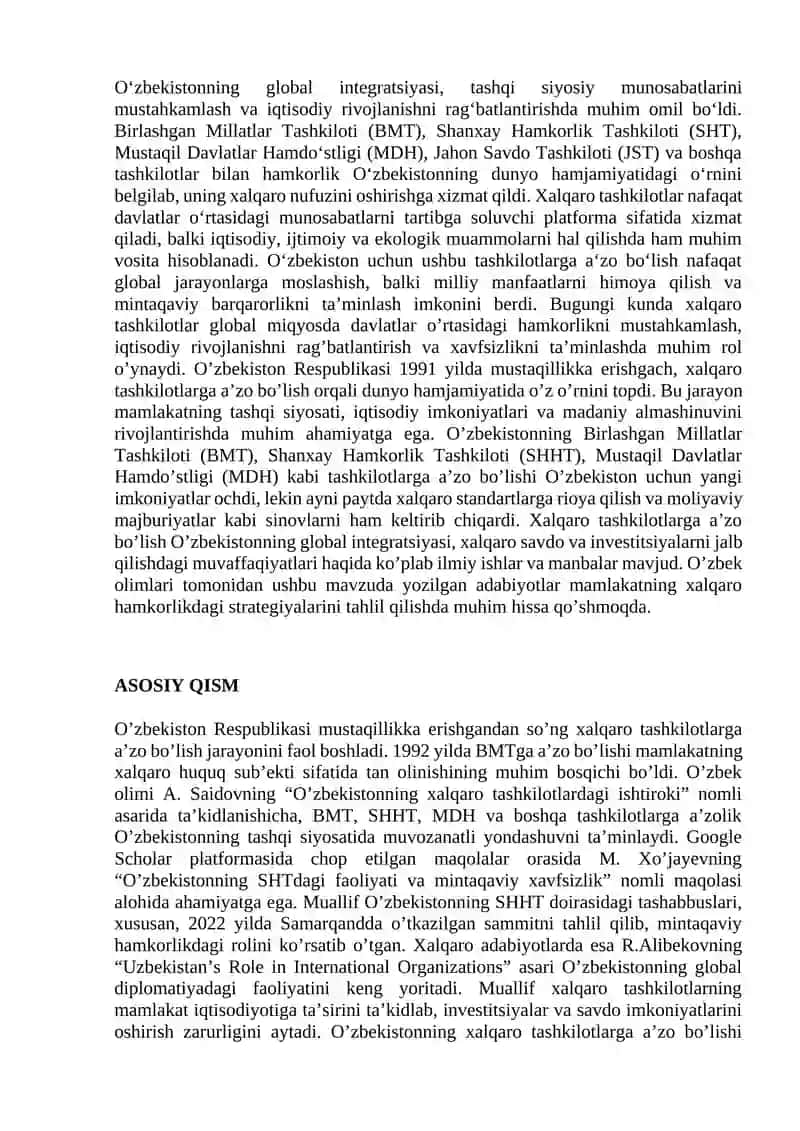 O’ZBEKISTON RESPUBLIKASINING XALQARO TASHKILOTLARGA A’ZO BO’LISHI 2