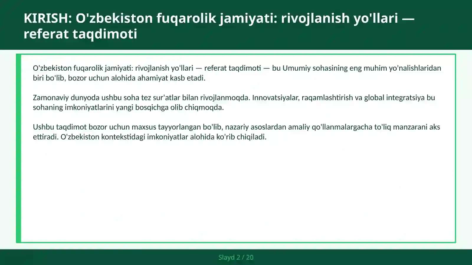 O'zbekiston fuqarolik jamiyati: rivojlanish yo'llari — referat taqdimoti 2