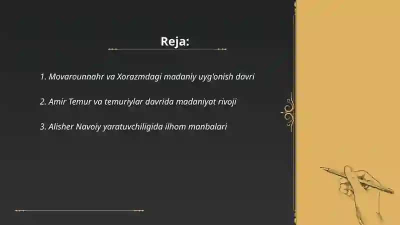 IX-XII asrlarda mamlakatimiz hududida ro'y bergan madaniy uyg'onish(Renessans). Buyuk allomalarning jahon sivilizatsiyasiga qo'shgan hissasi 2