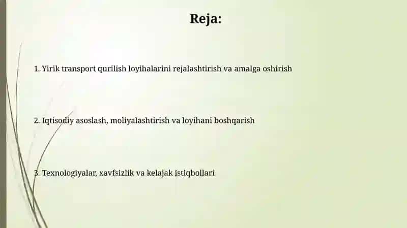 Yirik transport qurilish loyihalarini rejalashtirish va amalga oshirish 2