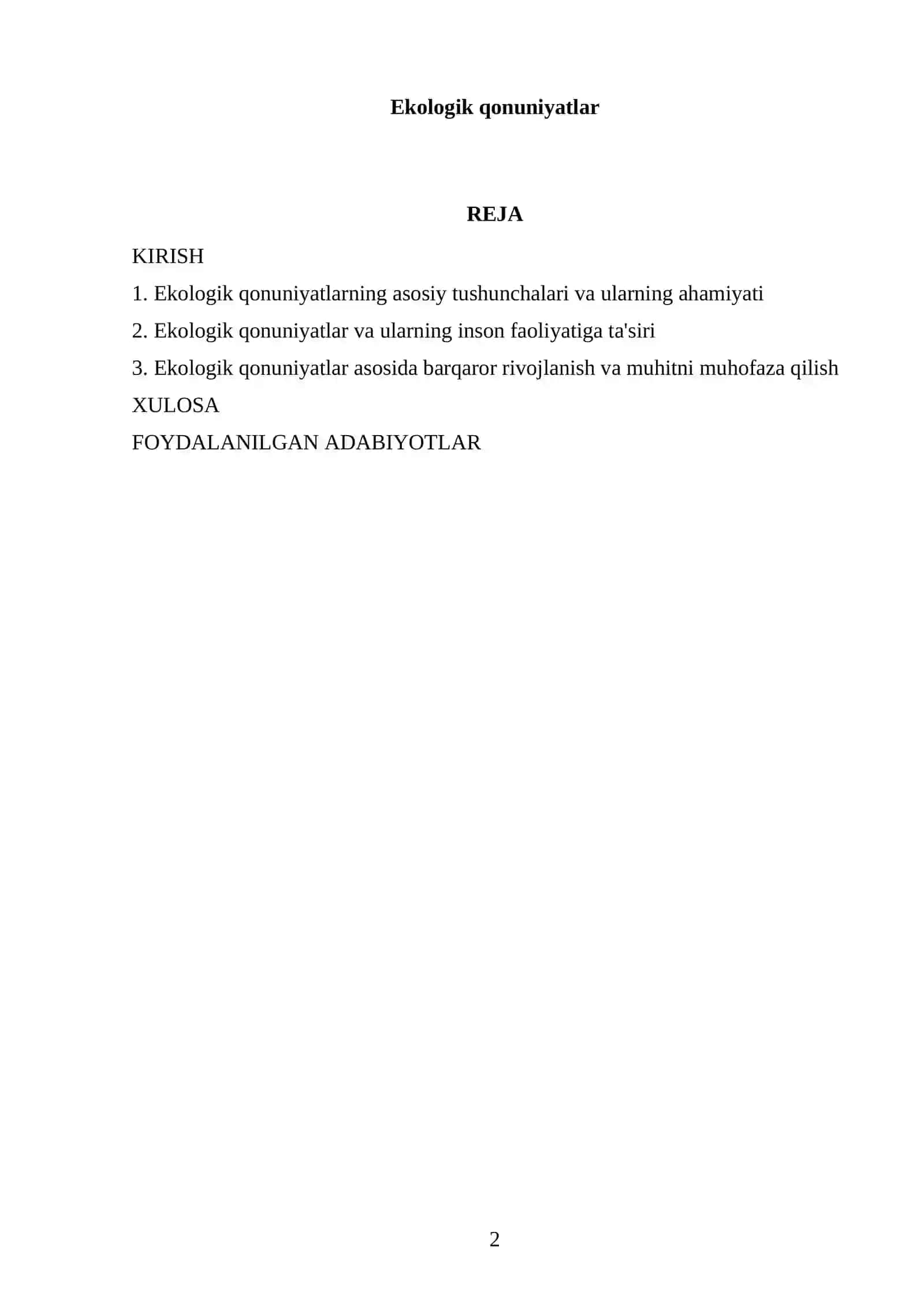 Ekologik qonuniyatlar MUSTAQIL ISHI 2