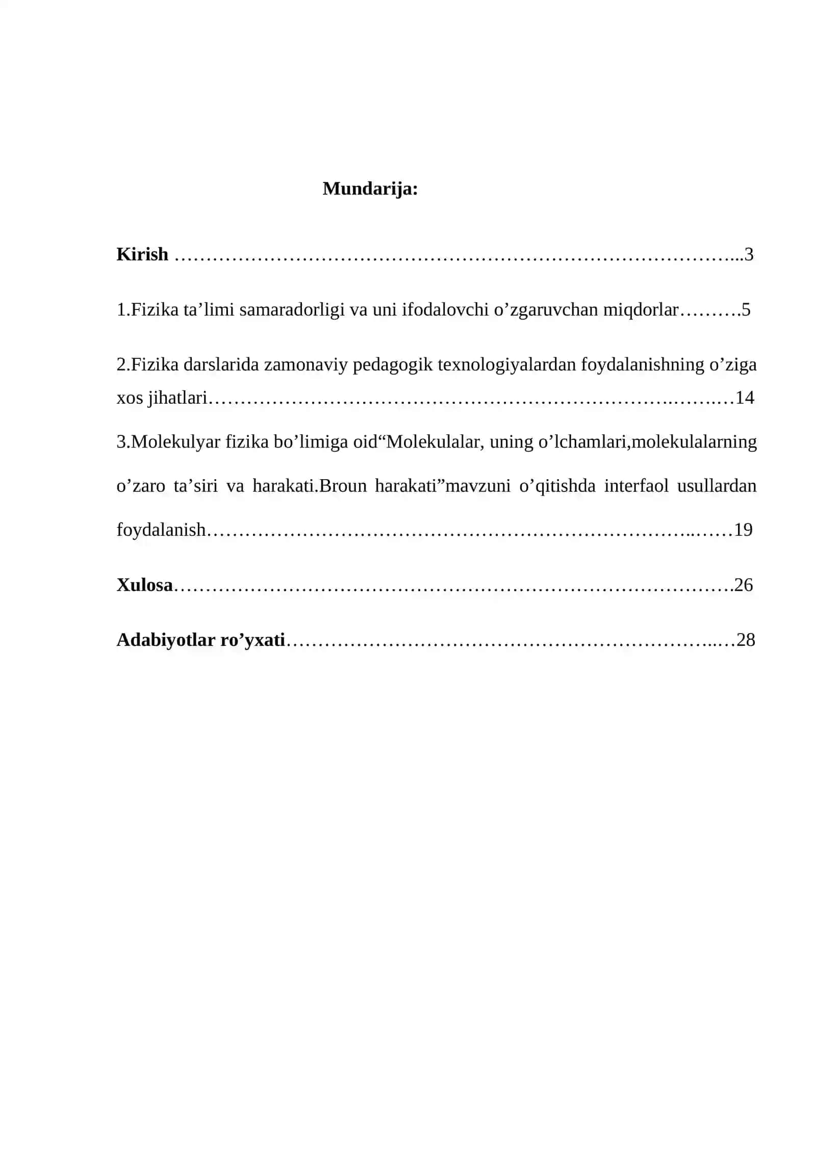 Molekulyar fizika bo’limiga oid mavzularni o’qitishda pedagogik texnologiyalardan foydalanish usullari mavzusiga doir tayyor kurs ish 2