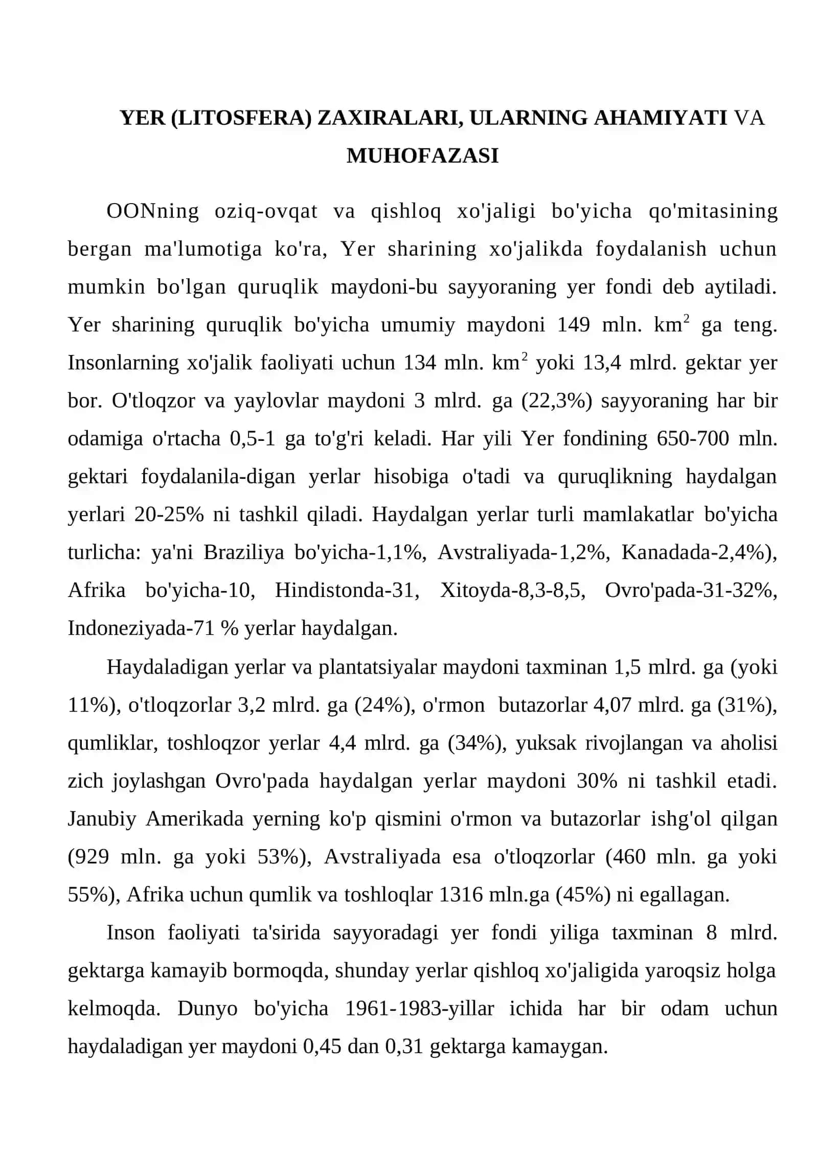 Yer (litosfera) zaxiralari, ularning ahamiyati va muhofazasi 2