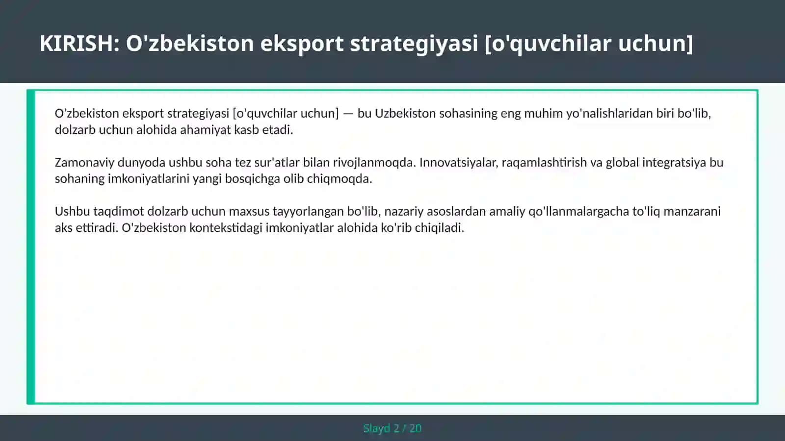 O'zbekiston eksport strategiyasi [o'quvchilar uchun] 2