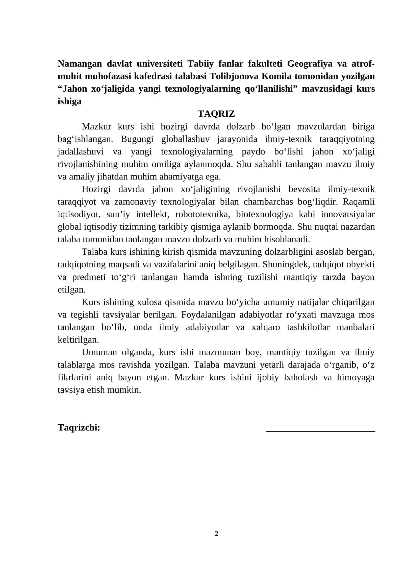 "Jahon xo‘jaligida yangi texnologiyalarning qo‘llanilishi" kurs ishi 2