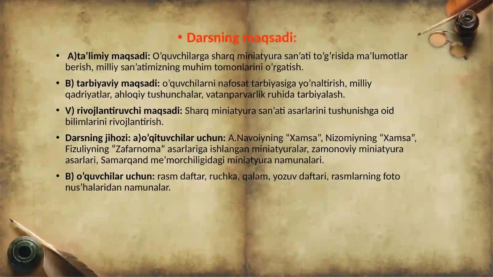 Sharq miniatyura san’ati asarlari namunalarining elementlari (daraxt, suv, tog’, tosh, hayvonlar, gullar, odamlar va hakozalar)dan nusxa ko’chirish 2