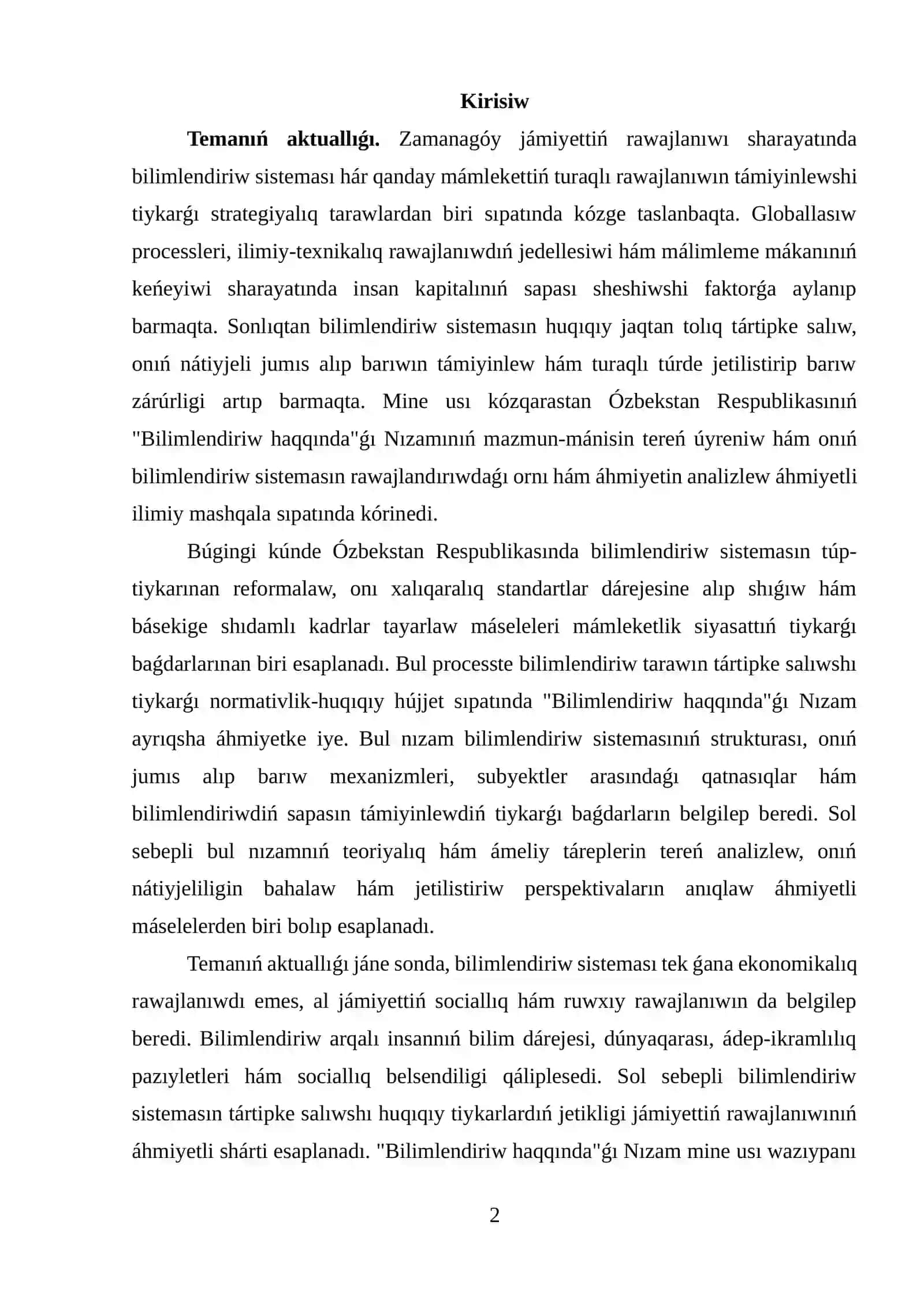 ÓZBEKSTAN RESPUBLIKASINIŃ "BILIMLENDIRIW HAQQINDA"ǴI NIZAMINIŃ TEORIYALIQ-HUQIQIY TIYKARLARI 2