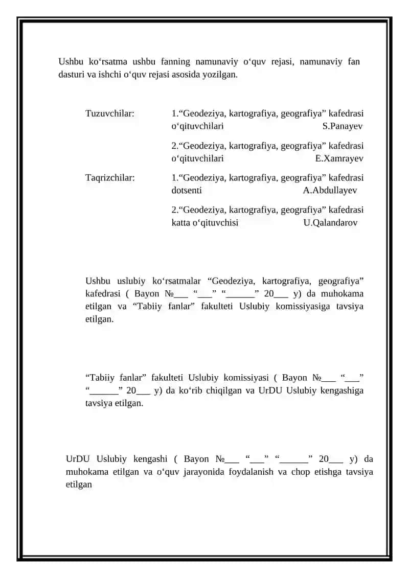 GEODEZIYA-II FANIDAN AMALIY TOPSHIRIQLARNI BAJARISH UCHUN M E T O D I K K O’ R S A T M A 2
