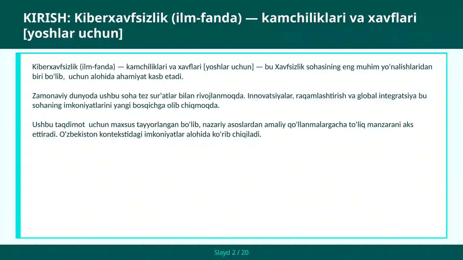 KIBERXAVFSIZLIK (ILM-FANDA) — KAMCHILIKLARI VA XAVFLARI [YOSHLAR UCHUN] 2