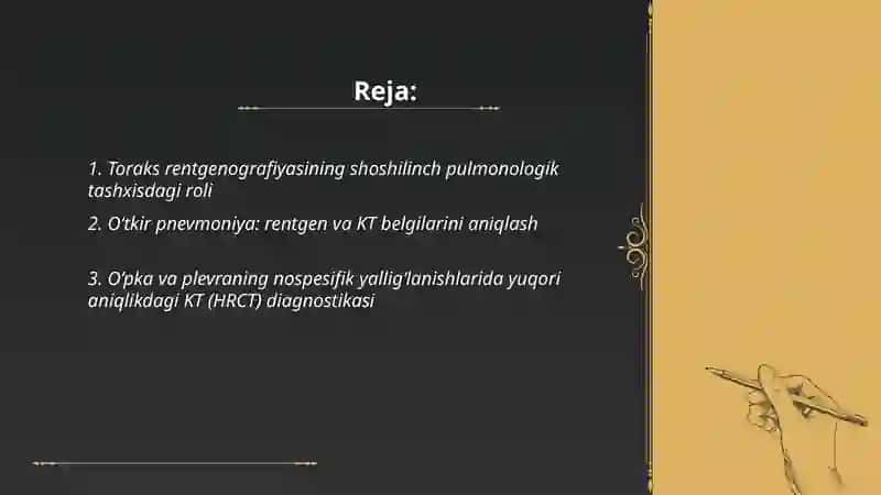Nafas a'zo kasalliklarining kompleks nur tashhisoti Pulmonologiyada shoshilinch holatlar nur tashxisi 2