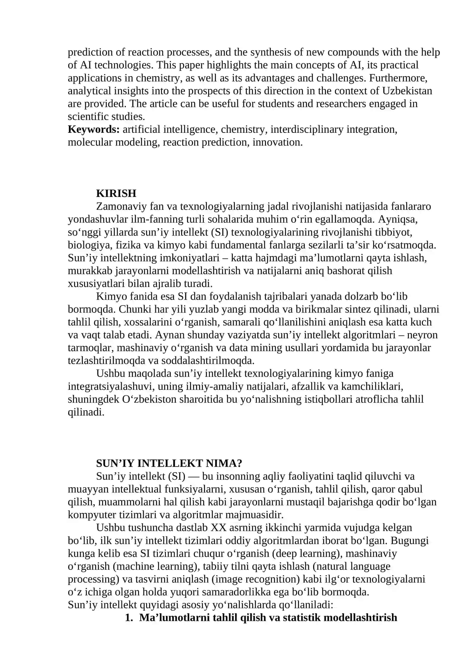 "Sun’iy intellekt va fanlararo tadqiqotlar: Kimyo bilan integratsiya" 2
