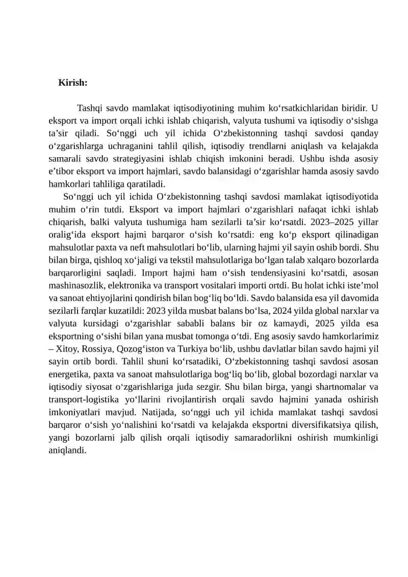 O'zbekistonning soʻnggi uch yillik tashqi savdo statistikasi 2