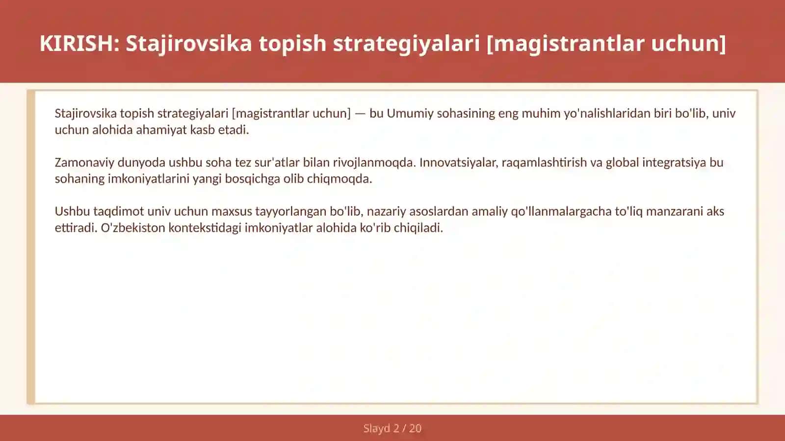 Stajirovsika topish strategiyalari [magistrantlar uchun] 2