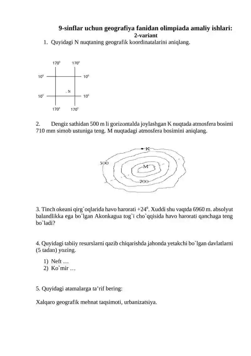 9-sinflar uchun geografiya fanidan olimpiada amaliy ishlari 2