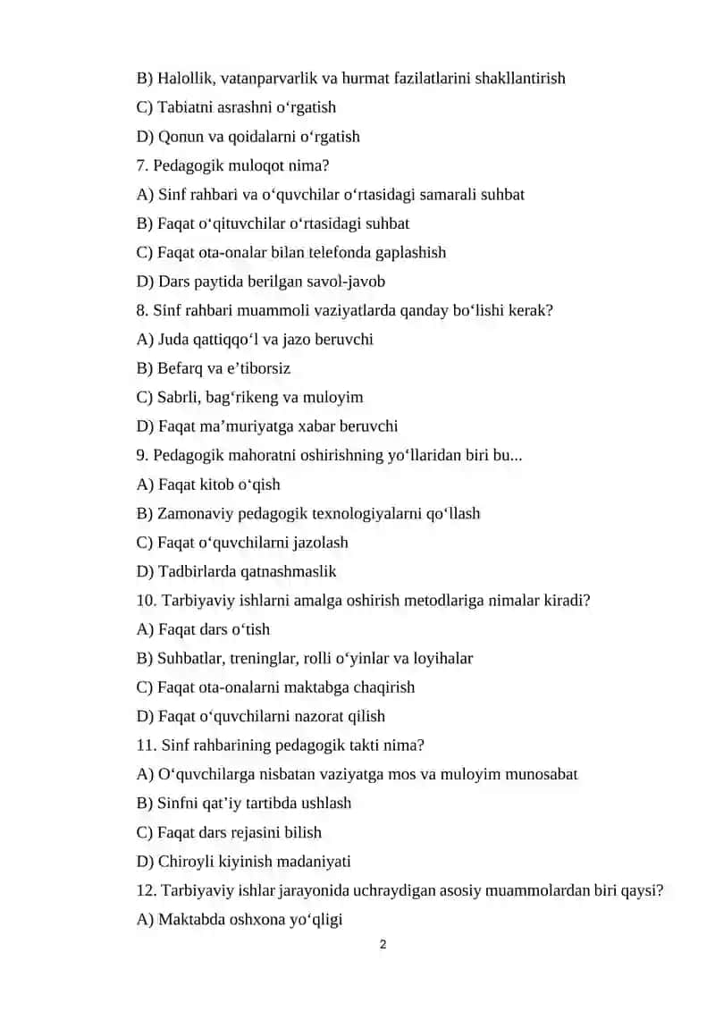 Tarbiyaviy ishlarni amalga oshirishda sinf rahbarining pedagogik mahorati mavzusidan test.docx 2