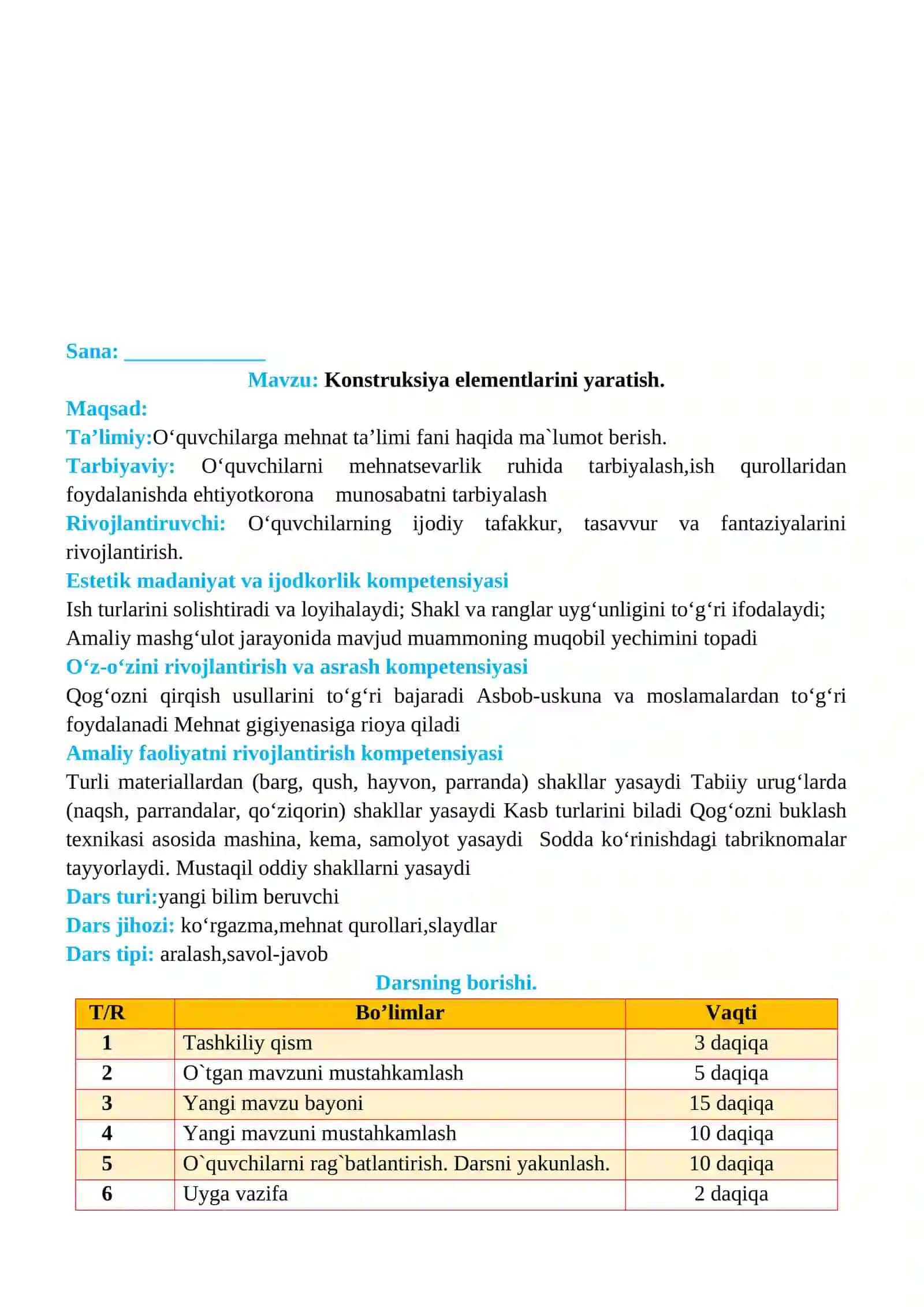 3-sinf Texnologiya fanidan Konstruksiya elementlarini yaratish dars ishlanma 2