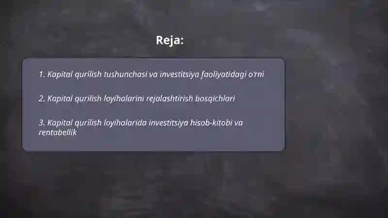 Investitsiya faoliyatida kapital qurilish 2