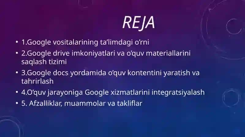 Google vositalari va xizmatlaridan (google drive, google docs) foydalangan holda o’quv jarayoni va o’quv ma’lumot maydonini loyihalash 2