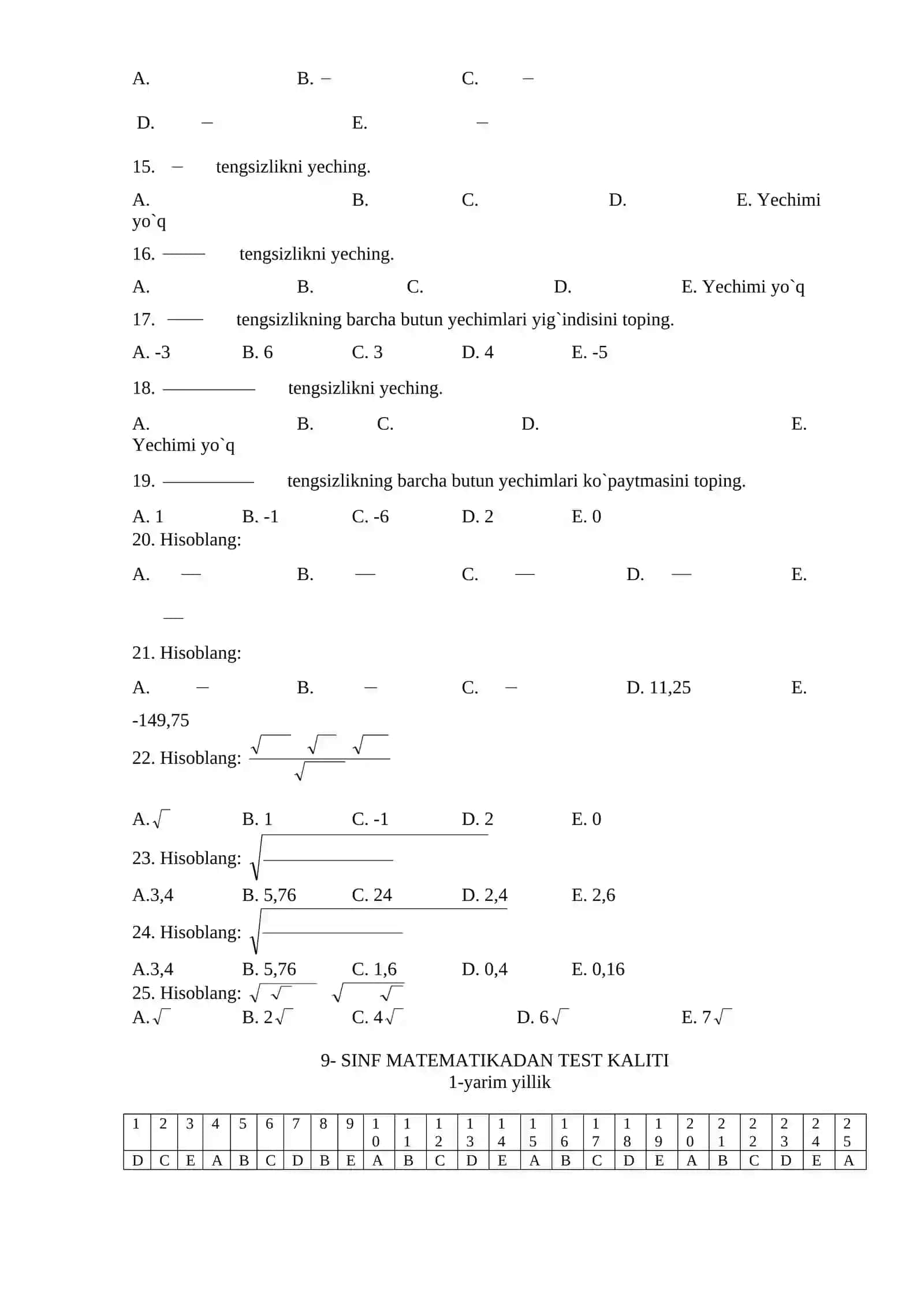 9 – sinf MATEMATIKA fanidan 1-yarim yillik test savollari 2