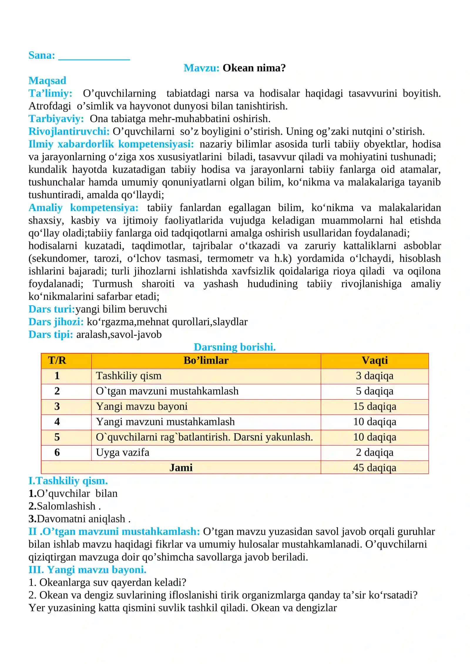 3-sinf Tabiiy fan (Science) Okean nima mavzusida dars ishlanma 2