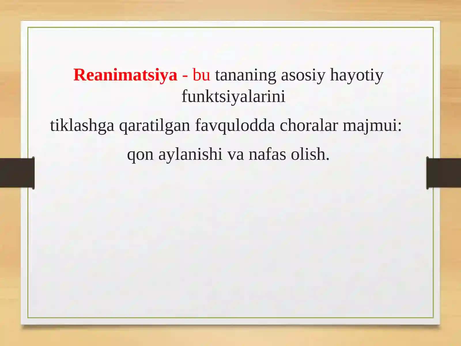 Anesteziologiya vareanimatologiya, intensiv terapiya bo‘limida xamshiralik jarayonini tashkil qilinishivaamalgaoshirilishi, xamshiralik jarayoni vabosqichlari.Anesteziologiyavareanimatologiyadaxamshiralikjarayonivabosqichlari.Og‘riqnima.Og‘riqsizlantirish,narkoztushunchasi.Reanimatsiyaningmaqsadvavazifalari 2